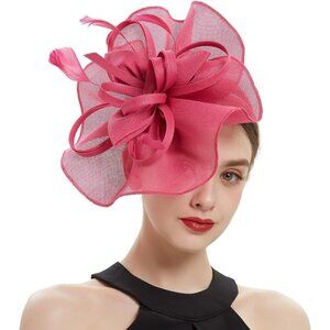 ✨ Poememgi Feather Headwear Women Pink Fascinator Top Flower Church Cocktail Hat